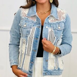 Stylish Blue Denim Jacket with White Crochet Details 81